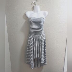 Gray and white striped strapless dress
